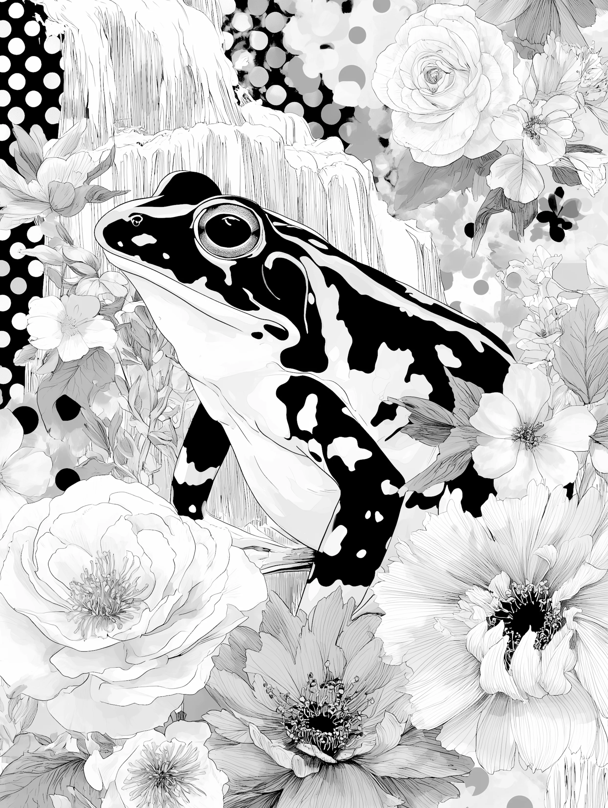 Free printable frog coloring page for adults featuring polka dot background frog
